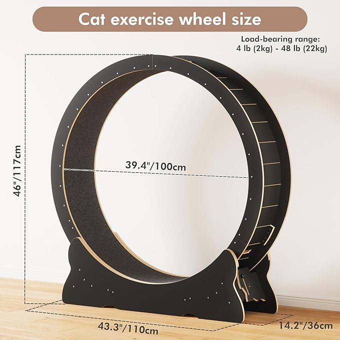 Cat Exercise Wheel, 43.3 inch Cat Wheel for Indoor Cats with Carpeted Runway, XL Cat Treadmill with Removable Carpet and Cat Teaser, for Running Walking Training (Black)