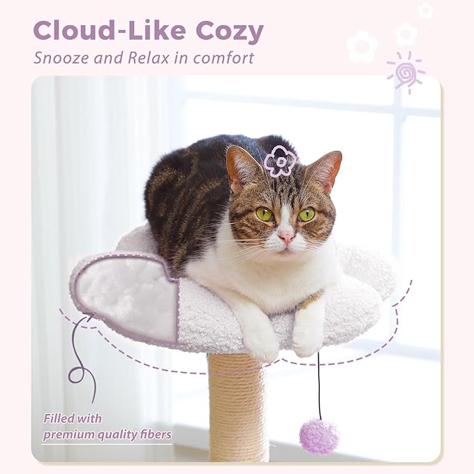 PAWZ Road Cat Tree,32 Inches Purple Flower Cat Tower with Sisal Covered Scratching Post, Cozy Condo, Plush Perches and Fluffy Balls for Indoor Cats