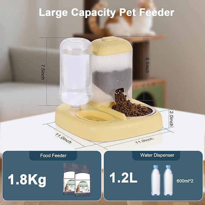 Automatic Cat Feeder Water Dispenser with Stainless Steel Bowl, 2 in 1 Gravity Cat Feeder Large Capacity Dispenser for Pet Dogs Puppy Kitten (Yellow)