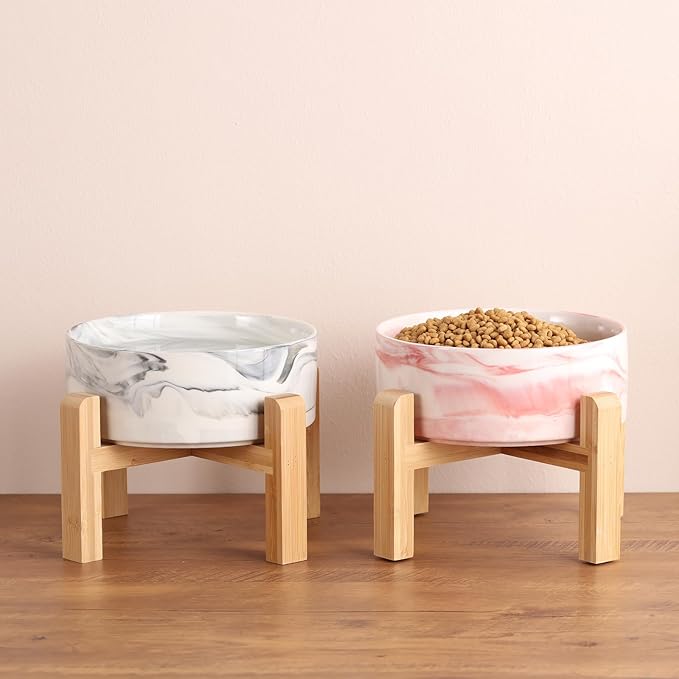 Elevated/Raised Dog Bowl Ceramic for Small Medium Sized Breed,Dog Food Water Bowl with Stand,6 in 3.6 Cups Non Slip Heavy Weighted Dog Dish Marble Pink