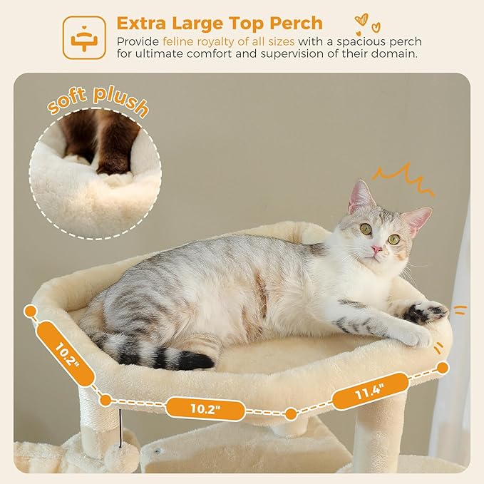 Tall Cat Tree for Indoor Cats Large Adult, 71.2" Multi-Level Cat Tower with 2 Spacious Condos, 3 Hammocks, Super Large Top Perch, 2 Pompoms, Beige