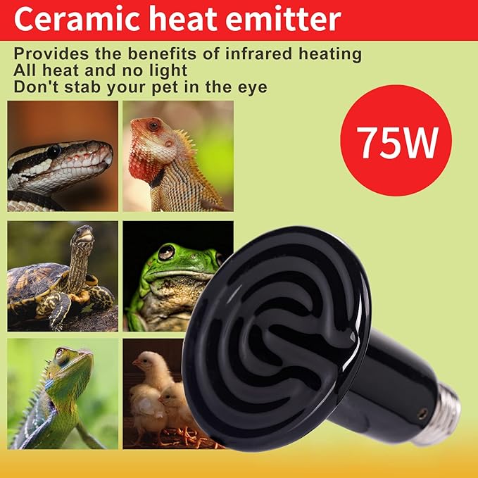 100W 2PCS Reptile Heat Lamp Black Ceramic Heat Emitter,Infrared Heater Bulb for Pet Coop Heater Chicken Lizard Turtle Brooder Aquarium Snake