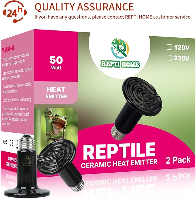 50W Ceramic Heat Emitter (2 Pack), Reptile Heat Lamp Bulbs, Ceramic Heater for Amphibian, Pet Brooder Coop, Chicken, Dog, Cat