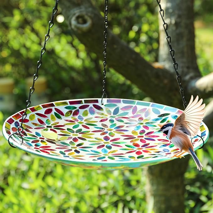 MUMTOP Mosaic Hanging Bird Bath-Bird Baths for Outdoors - 12 Inch Glass Birdbath Bird Water Bowl Bird Feeders for Outside, Garden, Lawn Yard Decor(Colorful Flower)