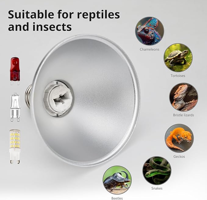 Reptile Heat Lamp Fixture 50W,Dome Reptile Light Fixture with 5PCS Halogen Heat Bulb,G9 UVA Basking Lamp E26 Lamp Socket for Turtle,Gecko,Lizard,Snake,Tortoise,Bearded Dragon,Frog