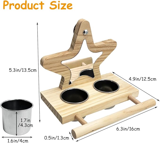 Tfwadmx Parrot Wooden Feeding Cups with Wooden Platform Stainless Steel Birds Bowls Food Water Bowls with Bird Food Holder for Cockatiel Conure Budgie Parakeet Macaw Lovebird