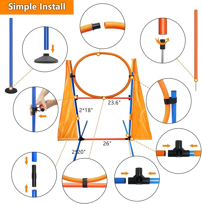 Dog Agility Training Equipment Set Outdoor Indoor Game, Tire Jump + Hurdle Jump, Tunnel, Weave Poles, Pause, 2 Toy Balls, 2 Discs, 1 Whistle, 1 Bag, 2 Training Clicker Backyard Dog Obstacle Course Kit