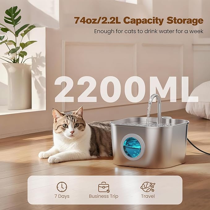 Cat Water Fountain with 8 Filters + 5 Sponges,Small Pet Waterer Dispenser Fountains for Drinking Cats Indoor Metal Automatic Waterer Bowl 24/7 Running Auto Kitty Watering Supplies Quiet Pump