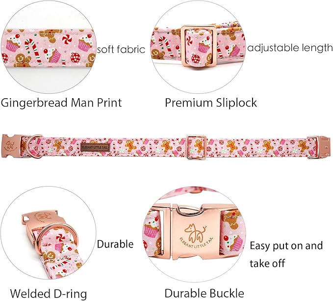 Elegant little tail Dog Collar, Christmas Pink Gingerbread Man Print Pet Collar Cute Dog Collars Male or Female Pet Gift Adjustable Dog Collar for Small Dogs