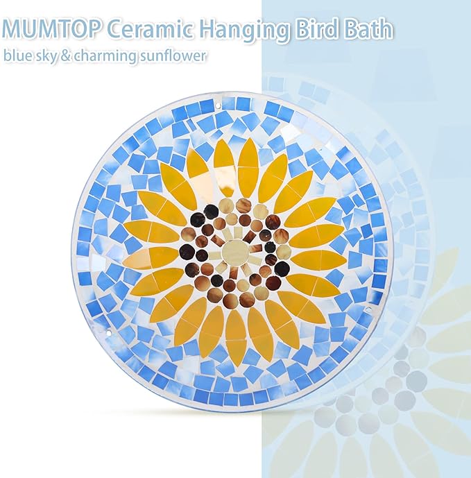 MUMTOP Mosaic Hanging Bird Bath-Bird Baths for Outdoors - 12 Inch Glass Birdbath Bird Water Bowl Bird Feeders for Outside, Garden, Lawn Yard Decor(Sunflower)