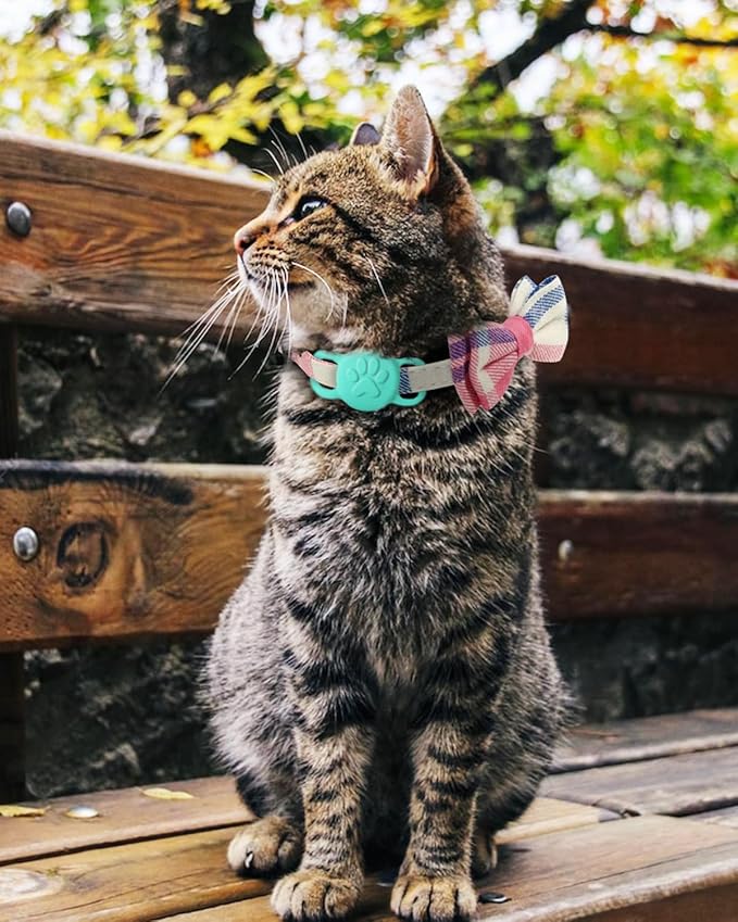 Joytale Upgraded Cat Collar with Bells, Breakaway Cat Collars with Bow Tie, 2 Pack Girl Boy Safety Plaid Kitten Collars, Pink+Teal