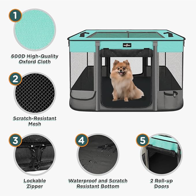 Foldable Pet Kitten Playpen, Waterproof Portable Cat Dog Playpen Kennel Tent for Small Dog Cat, Retractable Shade Cover, Come with Free Carrying Case, Indoor Outdoor Use for Small Animals, BlackTeal