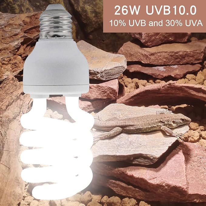 UVB Light Bulb for Reptiles, 26W 10.0 UVA UVB Heat Lamp Bulbs Ideal for Rainforest Reptiles, Bearded Dragons Lizard Turtle Tortoise Iguanas Chameleons Snake (2 Pack)