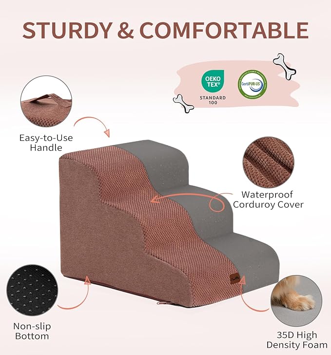 Made4Pets Dog Stairs Ramp for Small Dogs, 3-Step Dog Steps for Bed Couch Sofa and Chair, 35D Foam Pet Steps for Small Dogs and Cats, Non-Slip Bottom Pet Stairs, Brown