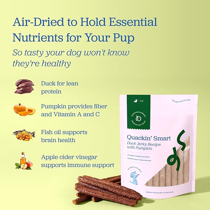 Downtown Barkery Meat Sticks - Air-Dried Duck Jerky Dog Treats Made in USA for All Breeds and Sizes - Grain-Free Dog Treats Without Artificial Flavors - Duck with Flaxseed & Pumpkin, 8 Oz