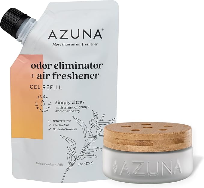 Azuna Air Freshener & Odor Eliminator for Strong Odor | 1 Room Kit Includes (1) Empty Luxe Glass Jar & 8oz Refill with Tea Tree Essential Oil Gel | Simply Citrus | Last 60-90 Days
