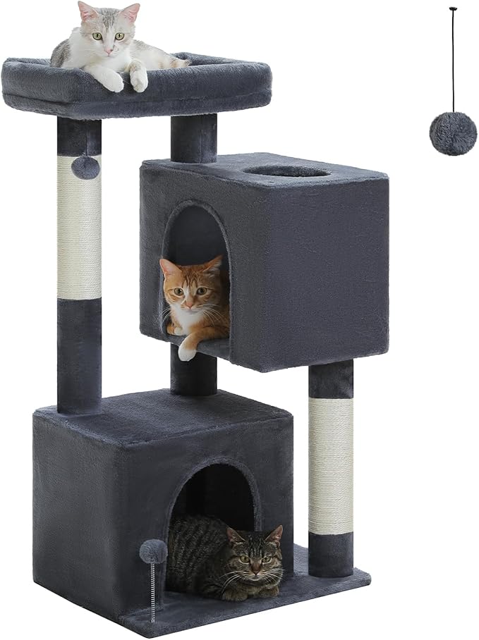 XL Cat Tower 44" Cat Tree for Large Cats 20 lbs+, 2 Spacious Condos with 3.4" Thickened Scratching Post, Large Top Perch, 2 Interactive Toys, Dark Grey