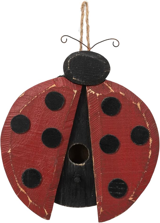 Glitzhome 11.5" H Distressed Solid Wood Ladybug Birdhouse Garden Hanging Bird House for Outdoors