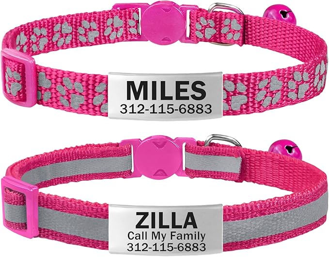 TagME 2 Pack Cat Collar with Name Tag, Personalized Reflective Cat Collar Breakaway with Bell for Boy & Girl Kitten, Hot Pink