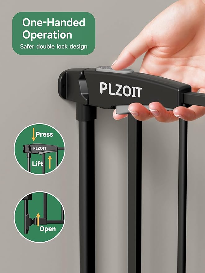 29.5-43" No Bottom Bar Baby Gate for Stairs, Auto Close Baby Gates for Doorways, Hardware Mounted, Dog/Pet Gate Indoor with Extra-Wide Walk Thru Door, Child-Proof Safety Gate for Kids (Black)