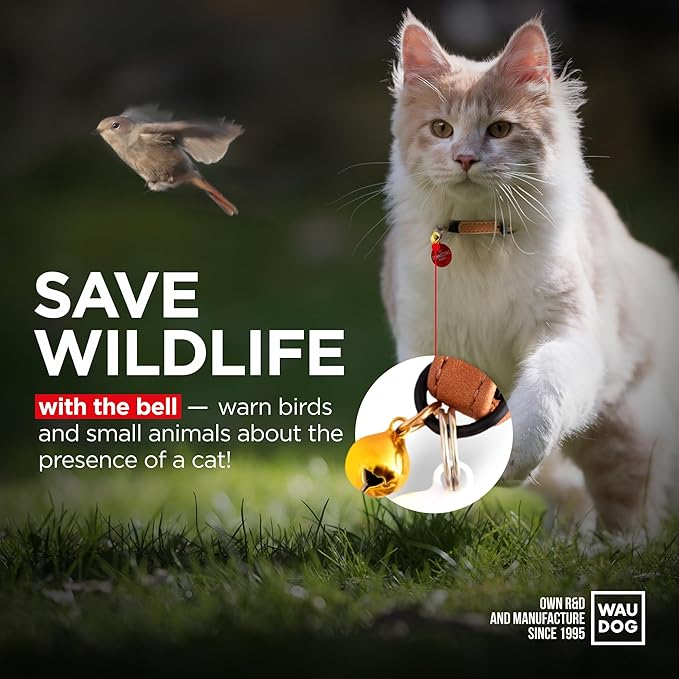 Leather Cat Collar with Bell and Safety Elastic Strap Breakaway Alternative for Small & Large Kittens, Stylish Pet Leather Collar for Boy, Girl Cats with Metal Buckle & QR ID Tag (Brown)