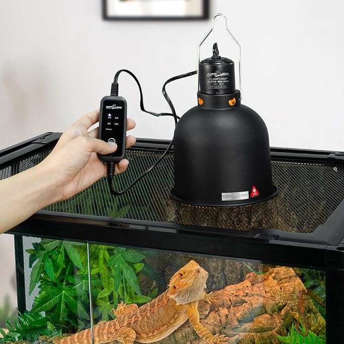 REPTI ZOO Reptile Light Fixture with Timer, 5.5 Inch Deep Dome Lamp Fixture with Light Bulb Timer Controller Optical Reflection Cover for Reptile Glass Terrariums