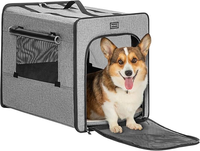 PETSFIT Travel Dog Crate, Soft Sided Dog Crate - 24 Inch with Thicken Mat, Easy to Fold, Sturdy and Portable, Perfect for Traveling, Portable Dog Kennel Grey