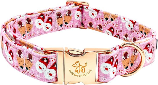 Elegant little tail Christmas Dog Collar, Pink Deer Print Pet Collar Dog Durable Cute Dog Collars Winter Holiday Male or Female Pet Gift Adjustable Dog Collar for Large Dogs