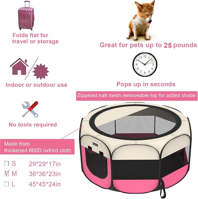 Portable Pet Playpen, 8-Panel Indoor/Outdoor Puppy Pen with Shade Cover & Travel Bag - Waterproof Dog Cat Tent Includes Collapsible Bowl
