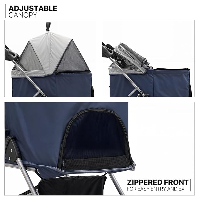 MoNiBloom 3 in 1 Foldable Pet Stroller for Small & Medium Dogs, Detachable Carrier, Car Seat, Push Button Entry, 4-Wheel Jogger for Pets up to 33 lbs, Navy Blue