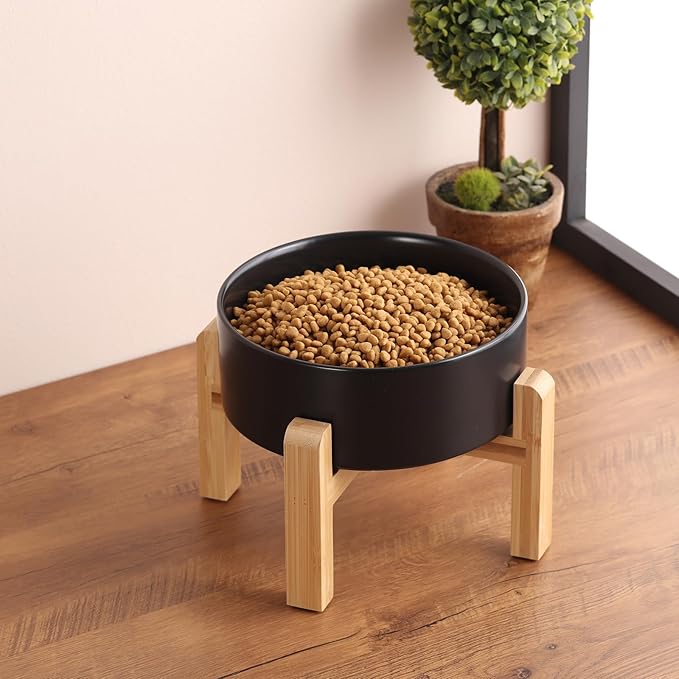 Black Elevated/Raised Dog Bowl Ceramic for Small Medium Sized Breed,Pet Food Water Bowl with Stand,6 in 3.6 Cups Non Slip Heavy Weighted Dog Dish