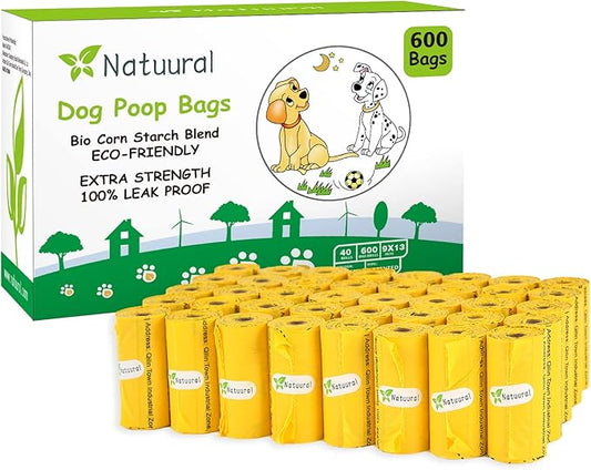 Dog Poop Bags Rolls-600 Counts, 40Rolls, Biodegradable Poop Bags Made of Cornstarch, 100% Leak Proof and Easy to Open (Yellow)