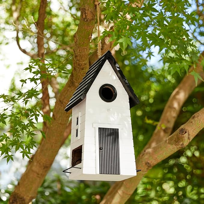 Glitzhome Modern Hand Painted Hanging Bird House for Outside,14.25"H Large Bird Houses for Outdoor,Functional and Decorative Solid Wood Cottage Garden Birdhouse for Bluebird,Chickadee,Wren Finch-White