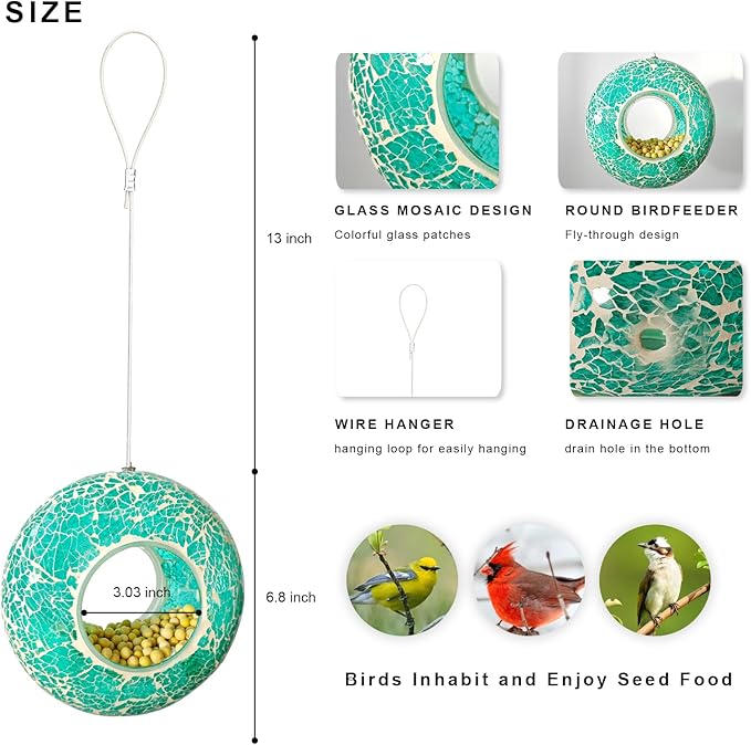 Bird Feeder Mosaic Fly Through Bird Feeder for Outside Hanging with Round Shape Glass Feeders to Attract Wild Birds for Garden, Deck, Yard, Backyard and Porch Decor, 6.8-Inch