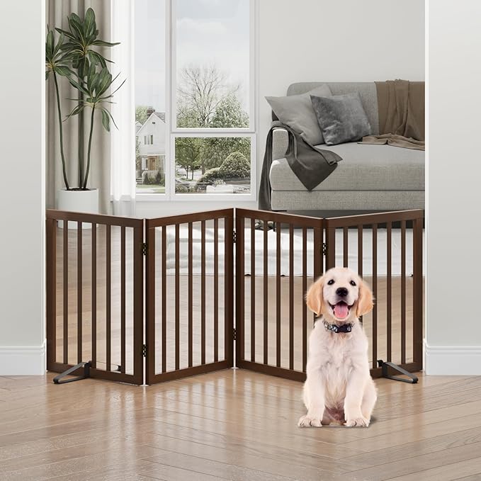 Dog Gates for Doorways, Freestanding Dog Gate Indoor, Foldable Pet Gates for Doorways Bedroom, Puppy Gate with Metal Support Feet, Room Divider 4 Panels (Dark Walnut)