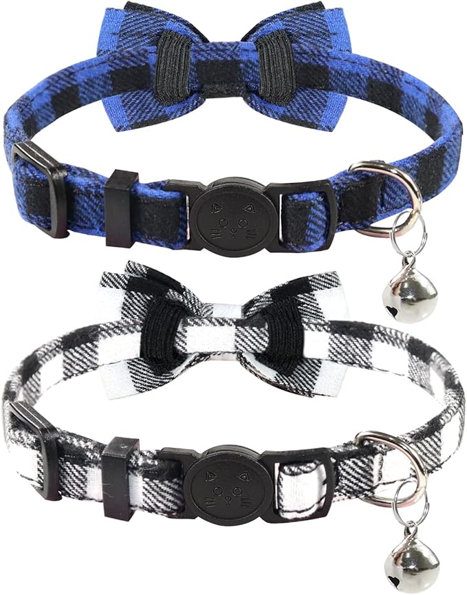 Joytale Upgraded Cat Collar with Bells, Breakaway Cat Collars with Bow Tie, 2 Pack Girl Boy Safety Plaid Kitten Collars, Black+Blue