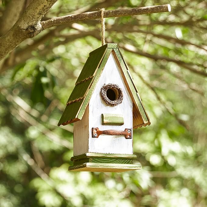 Glitzhome Bird Houses for Outside, Bluebird Houses for Outdoors, 10.75" H Green Roof Garden Wooden Birdhouse Hand Painted Hanging Distressed Bird House for Finch Cardinals Swallow Wren Chickadee