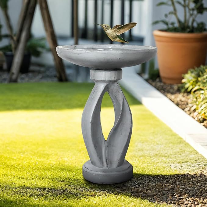 SunJet 21.8inch High Concrete Bird Bath, Freestanding Birdbaths & Birdfeeder - Stylish Outdoor Bird Baths Feeding Bowl for Outdoors Garden Patio Yard Lawn Decor