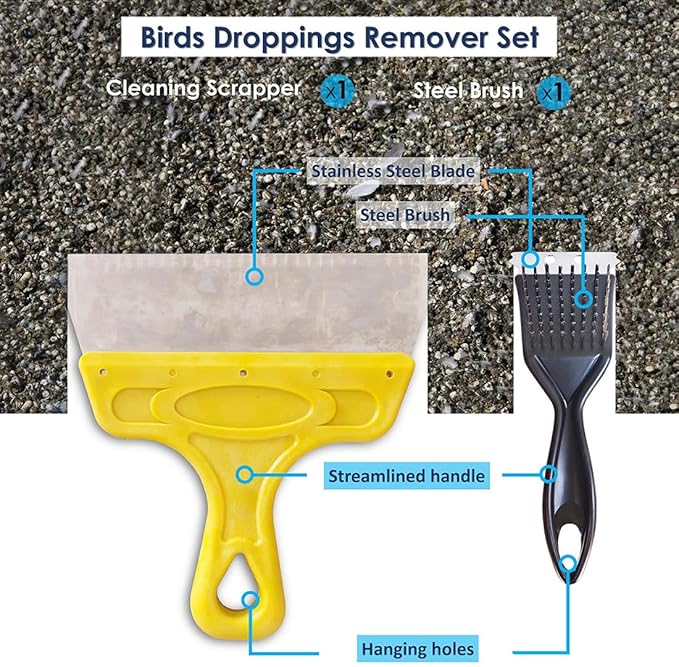 QMARK Birds Cage Cleaner, Pigeon Droppings Scraper, Parrot Pet Cage Cleaner, Stainless Steel Bird Droppings Cleaning Scraper with Brush
