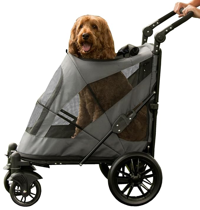 Pet Gear NO-Zip Pet Stroller with Dual Entry, Push Button Zipperless Entry for Single or Multiple Dogs/Cats, Pet Can Easily Walk in/Out, No Need to Lift Pet, Gel-Filled Tires, Pebble