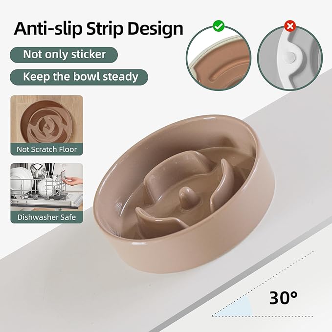 6.1inch Ceramic Raised Slow Feeder Set, Elevated Bowl with Wooden Stand for Small Dog and Cat, Puzzle Slow Dog Food Dish, Preventing Choking(Brown Coffee, Single Bowl+ Stand)