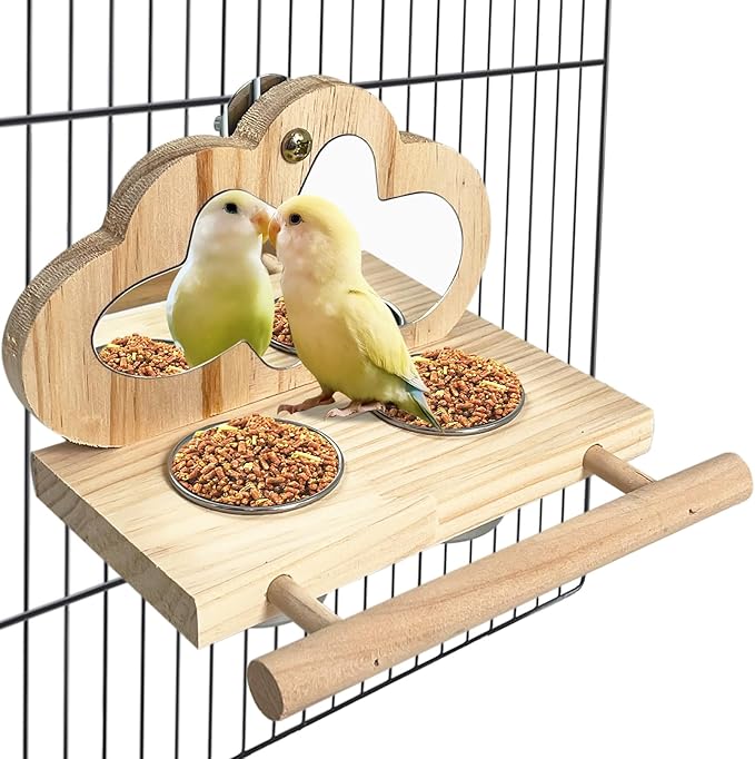Tfwadmx Bird Parrot Wooden Feeding Cups, Small Bird Feeding Dish Cups Stainless Steel Birds Bowls Food Water Bowls with Food Holder for Cockatiel Parakeet Macaw Finches Lovebirds