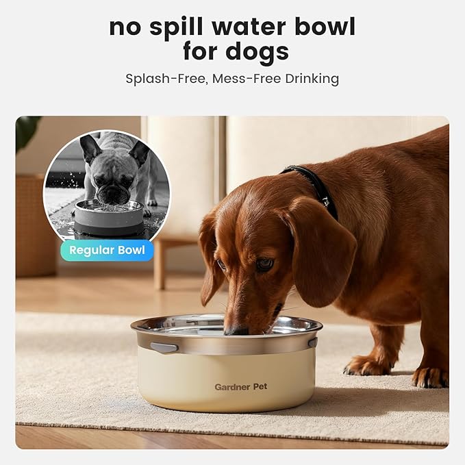 Gardner Pet Slow Water Bowl for Dogs, 2L/68oz Spill-Proof Pet Water Bowl with Floating Disk, Stainless Steel No-Spill Water Dispenser for Small & Medium Pets