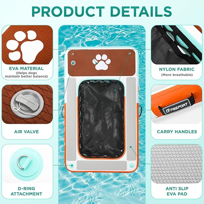 FBSPORT Dog Pool Float, Inflatable Dog Float for Pool, Lakes, Boats and Sea, Non-Slip EVA Floating Dock Platform for up to 396lbs