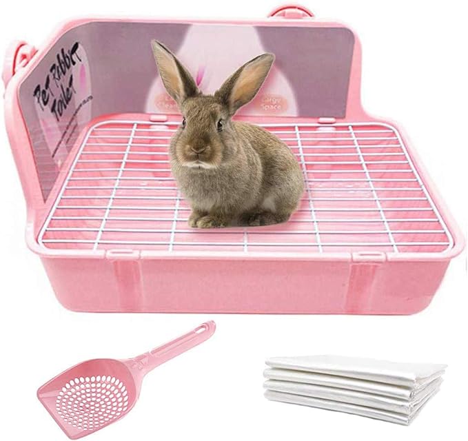 Bunny Litter Box with Grate, Rabbit Corner Litter Pan, Pet Toilet Potty Trainer with Scoop & Disposable Liner for Guinea Pig Ferrets Chinchilla