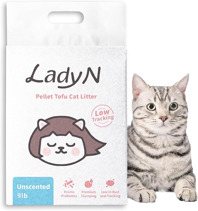 Lady N Pellet Tofu Cat Litter, Strong Clumping Ultra Absorbent, Dust-Free Low Tracking, Enviro-probiotic and Activated Carbon for Odor Control 9lb (1 Pack Unscented)