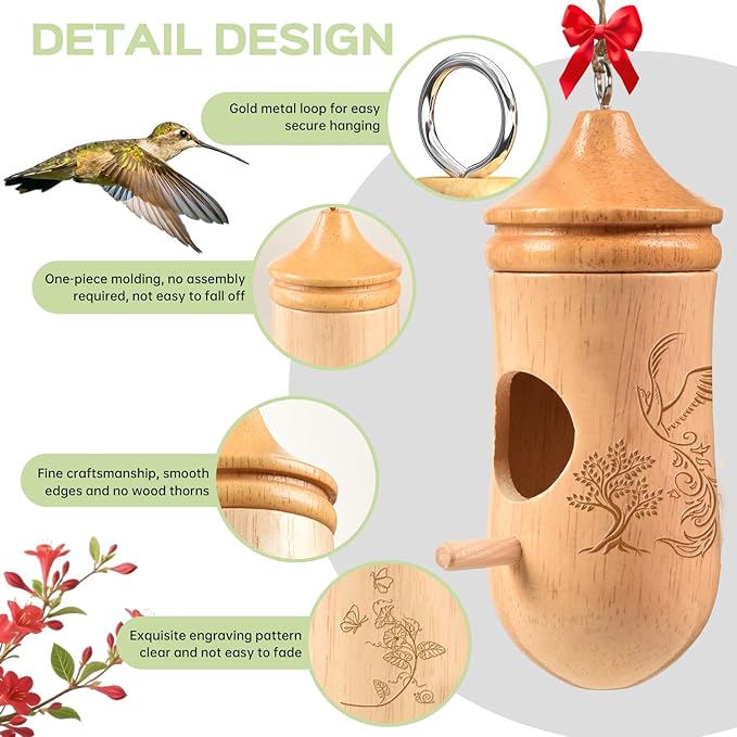 Hummingbird House, Solid Wood Hummingbird Houses for Outside-Exquisitely Handcrafted Birdhouse with Ribbon and String Hanging Kit, Durable Garden Decor, Perfect Gardening Gift(Style-E, 1 Pack)