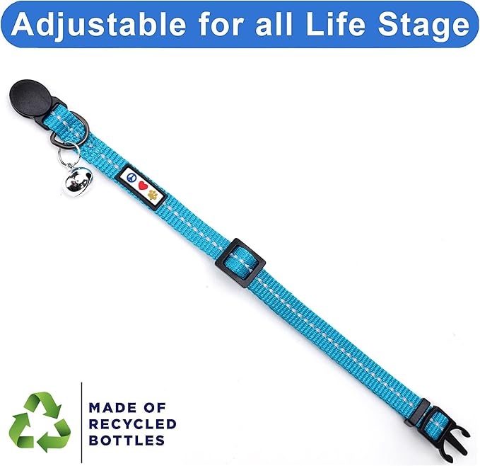 Pawtitas Recycled Cat Collar with Reflective Stitched and Safety Buckle Removable Bell Reflective Cat Breakaway Collar Made from Plastic Bottles Teal Turquoise Wave Cat Collar