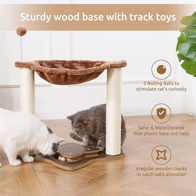 Simple Deluxe Small Cat Tree Tower with Scratching Post, 4-in -1Cat Tree with Hammock,Dangling Ball,Natural Sisal Cat Scratcher,Wooden Interactive Track Ball Base for Indoor Kittens,18inches
