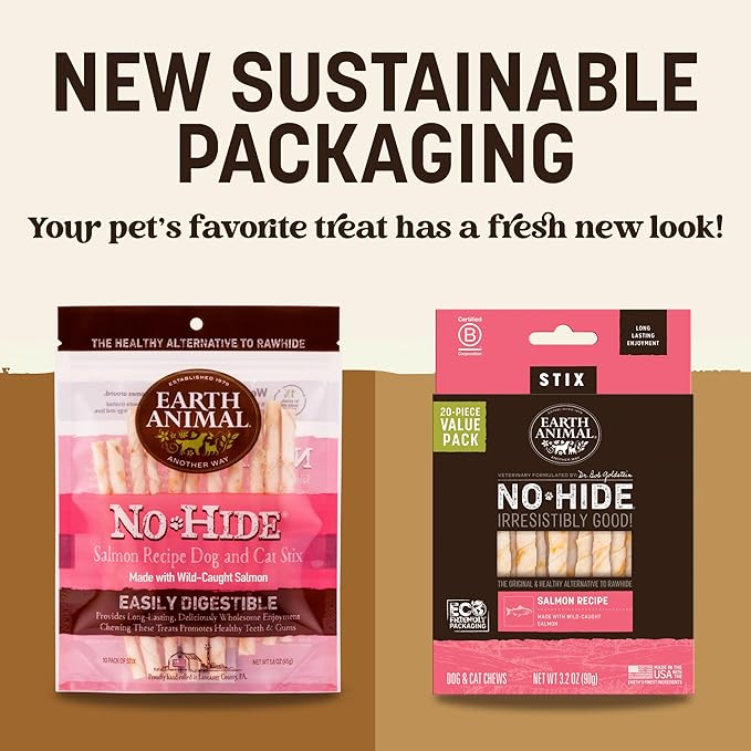 Earth Animal No-Hide Stix Salmon Recipe Natural Rawhide Alternative Dog & Cat Chews - 20 Count Value Pack